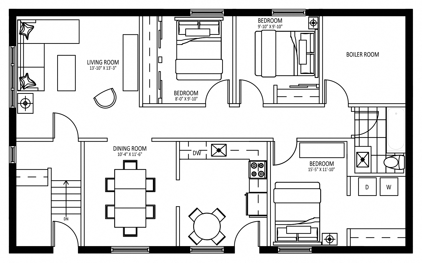 Floor plan for 3 beds, 1 bath, 1000 sqft